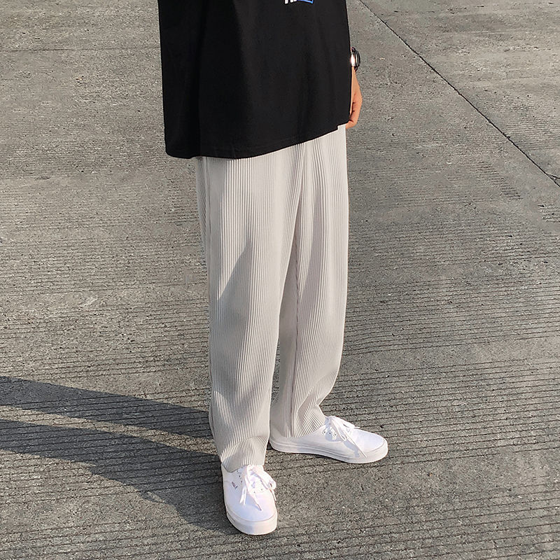 Pleated Straight Pants Men's  Elastic Waist Casual Pants Men Streetwear Loose Ice Silk Trousers Mens Wide Leg Pants S-2XL