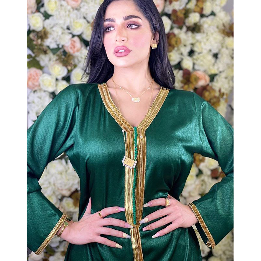 Muslim  Women Long Skirt  Dubai Turkey Abaya Arab Prayer Costume Islamic Dress Robe Evening Party Green Yellow Kaftan
