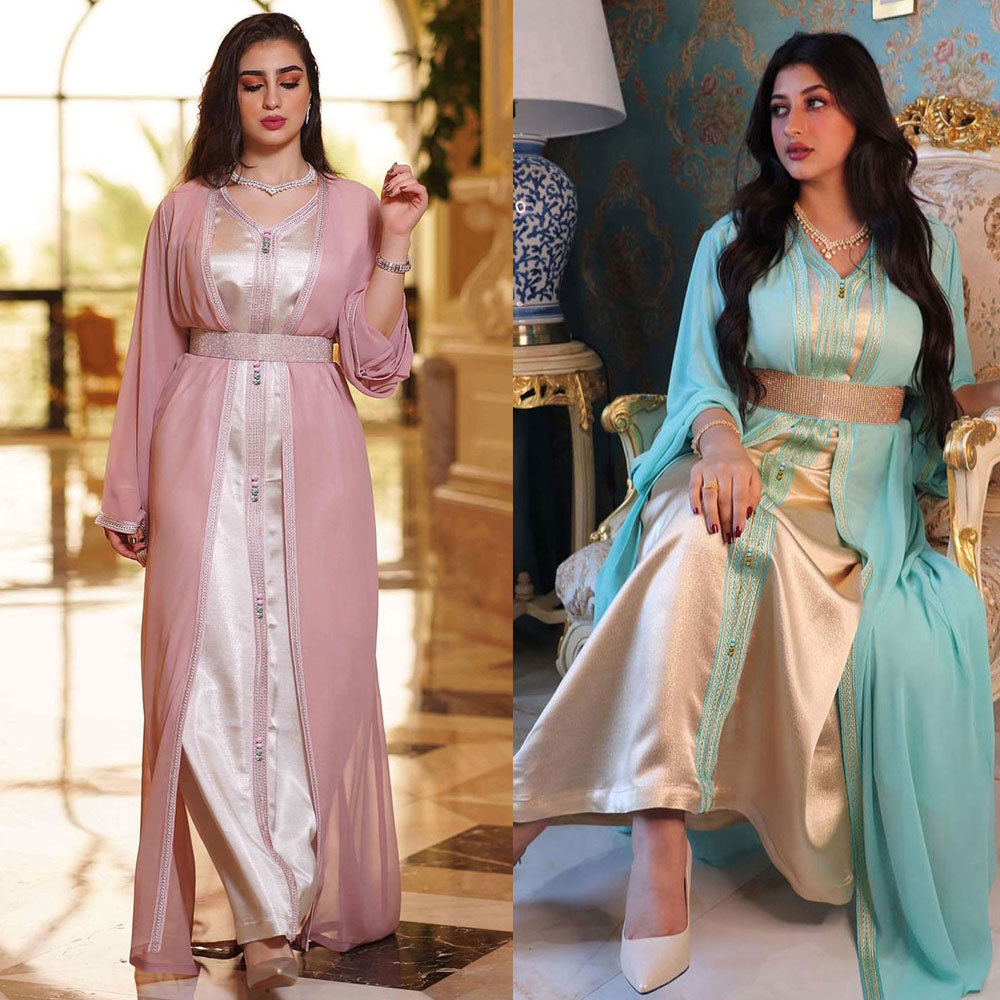 Tilapia Two Pieces  Dress Gorgerous Diamond Wide Belt Chiffon Outfit Party Muslim Autumn Dress