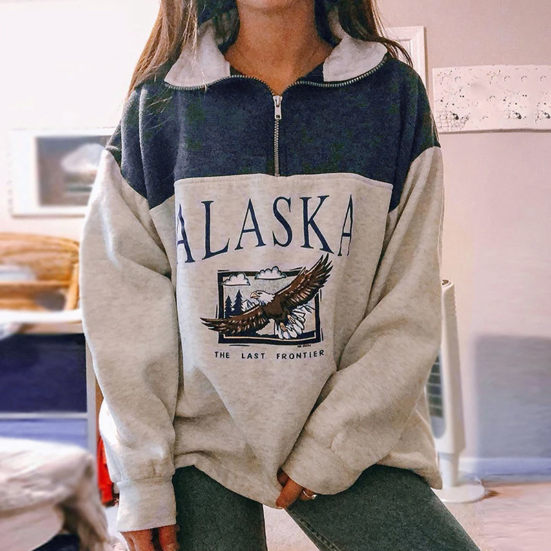 4# Women's Zipper Sweaters Cotton Stand Collar Half Letter Printing Long Sleeve Tops Vintage Grey Casual Loose Sweaters