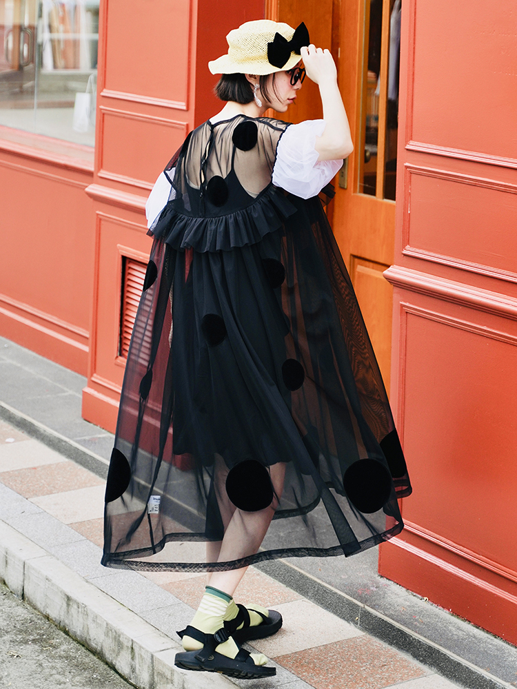 Imakokoni Original  Summer polka dot patchwork gauze skirt Dress with loose bubble sleeves for Women 223771