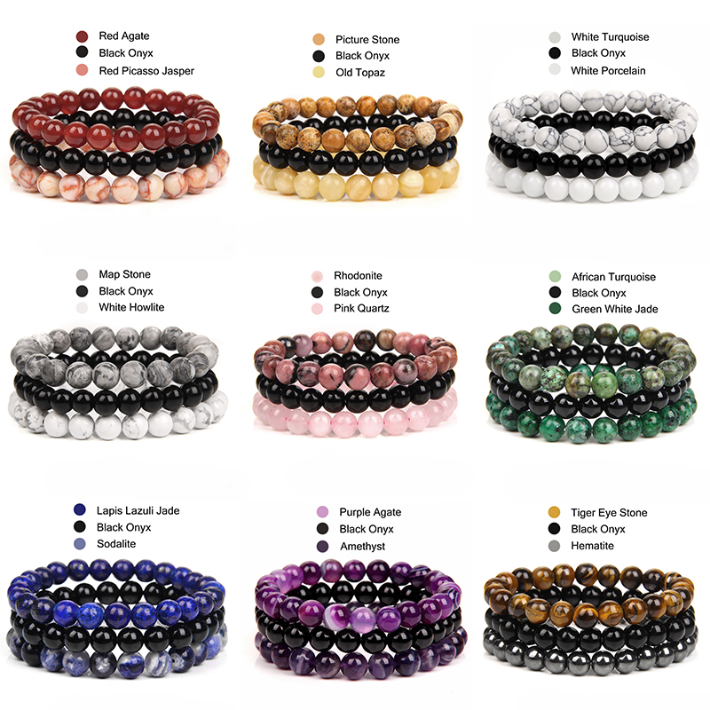 8mm Natural Stone Bracelet Set 3Pcs/set Rhodonite Rose Pink Quartzs Moonstone Amethysts Hematite Bracelets For Women Men Jewelry