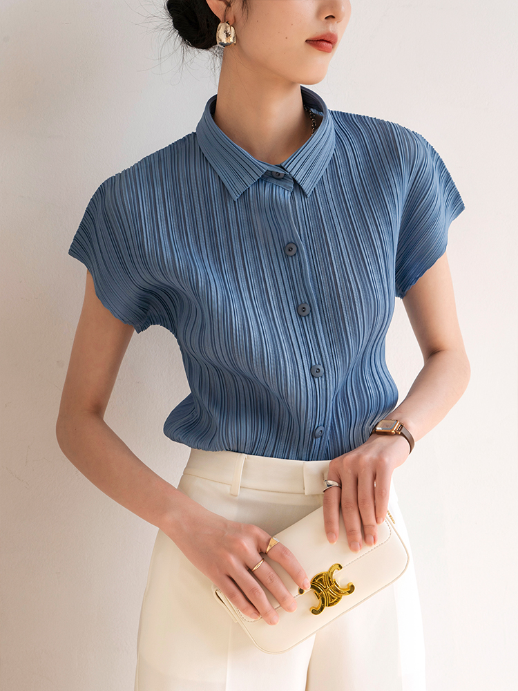 Miyake Pleated Tops Women Casual White Polo Lapel Short Sleeve Shirt Designer Clothes