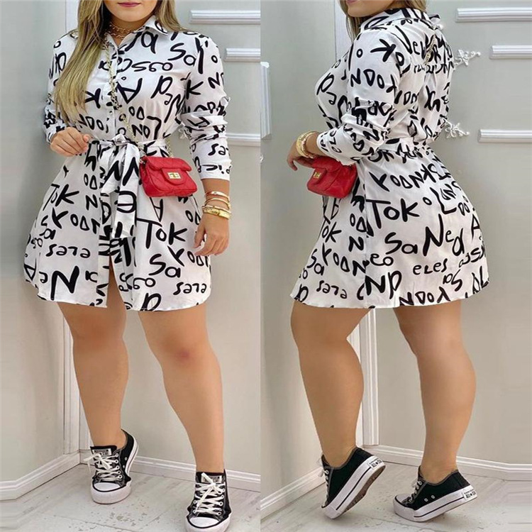 Women Long Sleeve V Neck Loose Blouse Femal Ladies Sexy Letter Print  Dress Elegant Party Dress Office Lady Shirts Dress