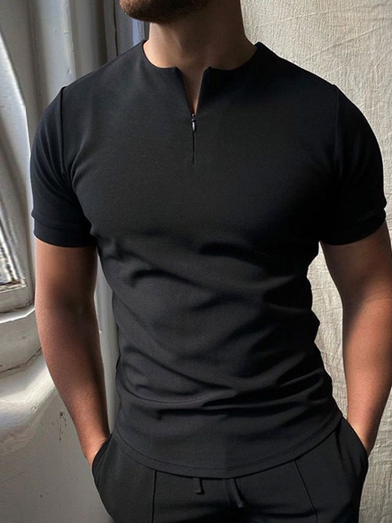 Casual England Style short sleeve Polo Shirt Men's Vintage Solid Zipper O Collar Shirt Pullover  Summer  Men's Shirt