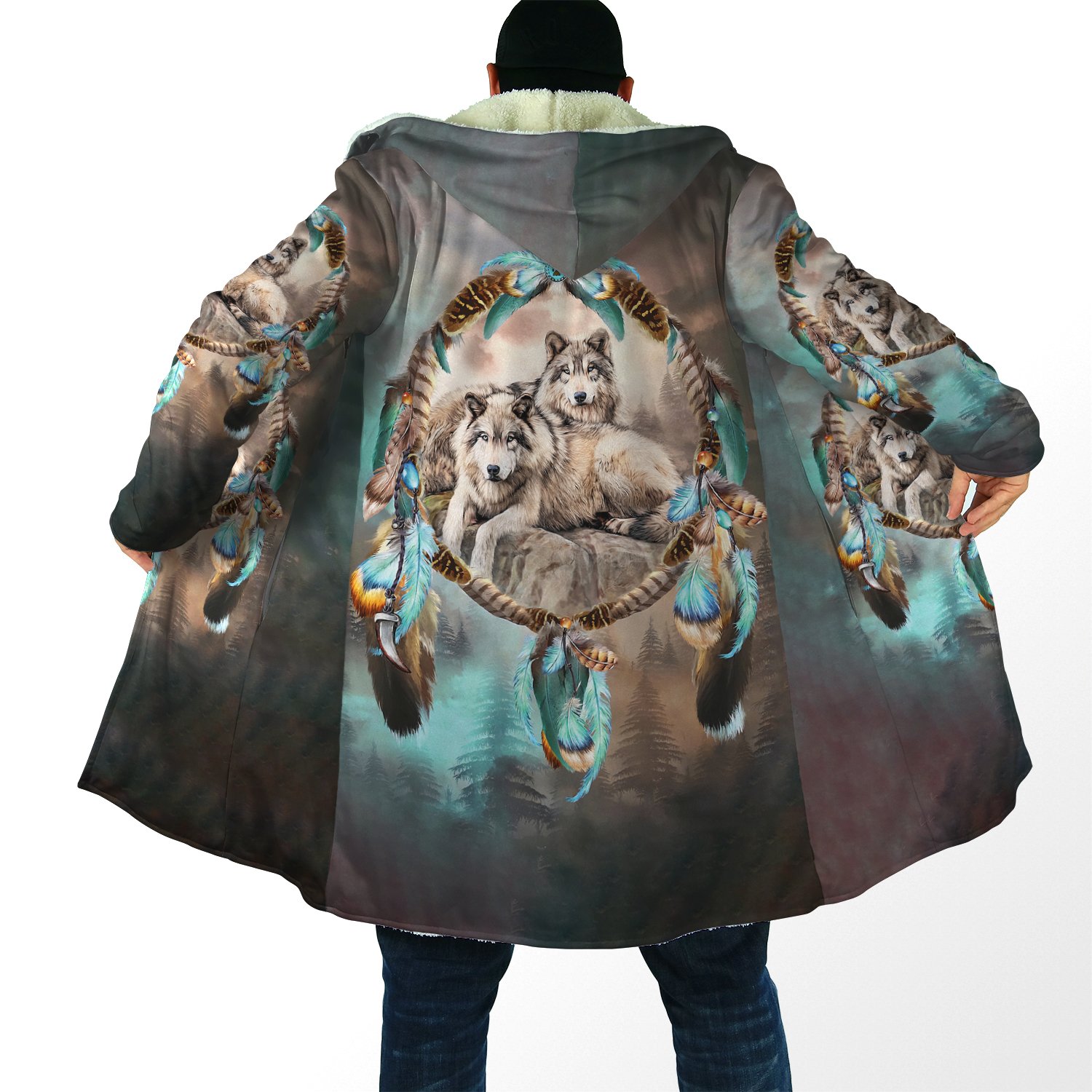  Winter Mens cloak Beautiful Tribal Native Wolf 3D full Printing Thick Fleece Hooded Coat Unisex Casual Warm Cape coat DP16