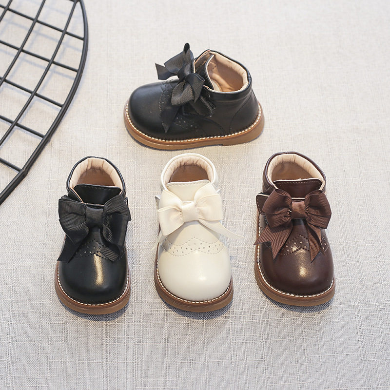  Anti-slippery Genuine Leather Baby Girls Boots with Butterfly-knot Casual Flat Heel Autumn Winter Baby Girl Shoes E08044