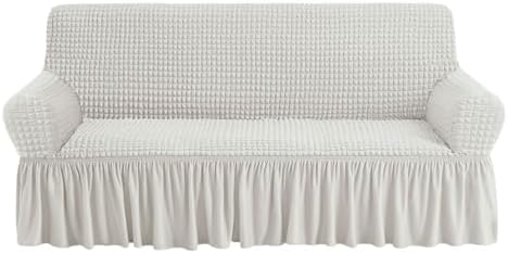NICEEC Sofa Slipcover Ivory Sofa Cover 1 Piece Easy Fitted Sofa Couch Cover Universal High Stretch Durable Furniture Protector with Skirt Country Style (3 Seater Ivory)