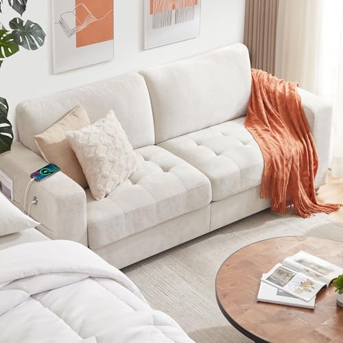 89" Modern Sofas 3-Seats Couches for Living Room, Chenille Sofas with Extra Large Seat Width & Depth, USB/Type-C Charging Port & Side Pocket, Removable Medium Firm Sofa Cushion(Beige)