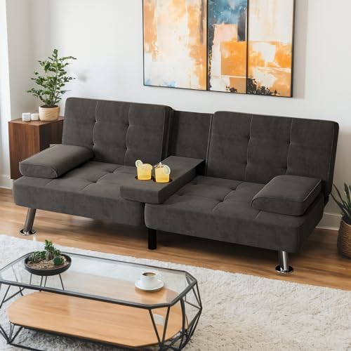 Modern Linen Upholstered Convertible Folding Futon Sofa Bed with Removable Armrests, Metal Legs, 2 Cup Holders for Living Room, Black