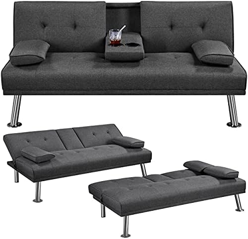 Yaheetech Convertible Linen Fabric Sofa Bed with Recliner, Cup Holders, Removable Armrests - 772lb Capacity