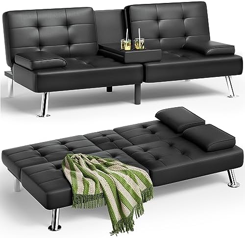 JUMMICO Faux Leather Upholstered Modern Convertible Folding Futon Sofa Bed with Removable Armrests, Adjustable Recliner Couch Bed Loveseat with 2 Cup Holders for Living Room (PU Leather, Black)