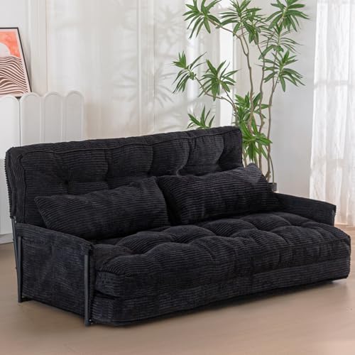 MAXYOYO Adjustable Floor Sofa Couch with 2 Pillows, Multi-Functional 5-Position Foldable Lazy Sofa Sleeper Bed with Armrest, Versatile Corded Fabric Floor Seating Sofa for Reading Gaming, Black