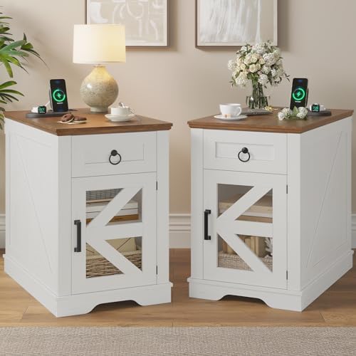 Farmhouse End Tables Living Room Set of 2,Side Tables with Charging Station, Bedside Table with Drawers, Nightstand for Bedroom,White